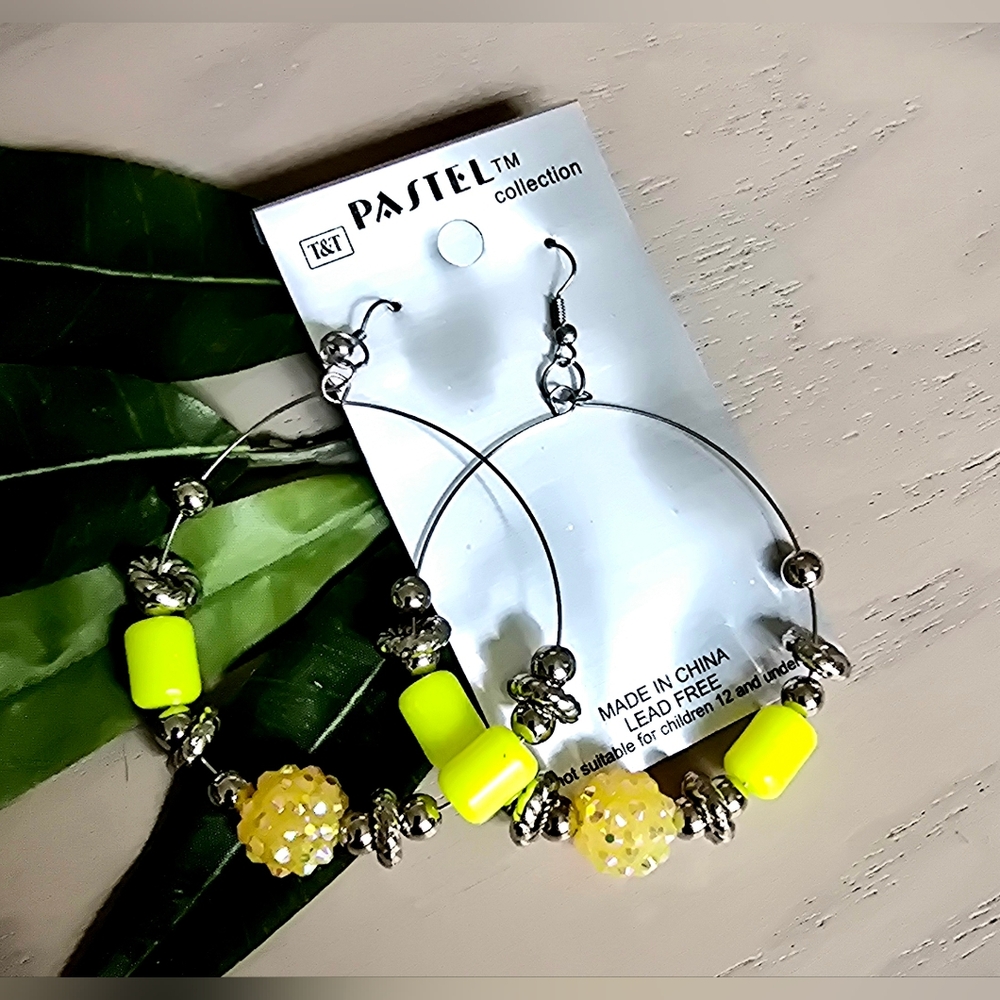 Yellow And Silver Beaded Hoop Earrings NIP